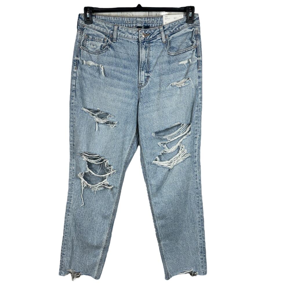 American Eagle SZ 14 Strigid Mom Jeans Super Hi-Rise Distressed Rips Frayed Hems